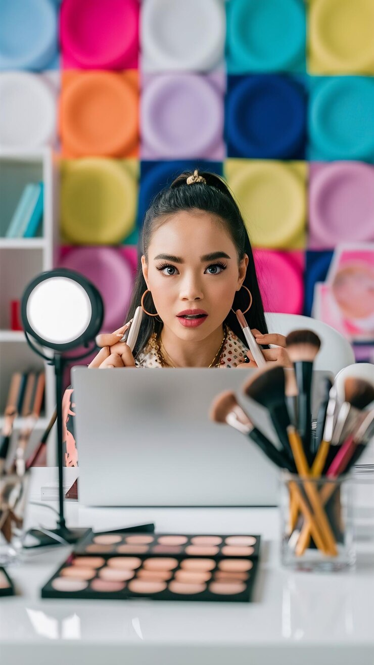 Foto vlogger de belleza mujer joven grabando un tutorial de maquillaje