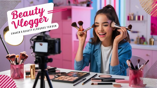 Vlogger de belleza mujer joven grabando un tutorial de maquillaje