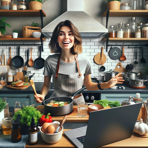 Foto vlogger cocinando en una cocina moderna mientras transmite en vivo