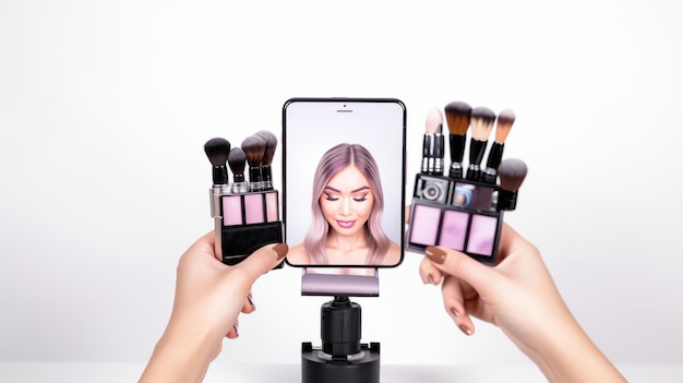 Vlogger femenina con pinceles de maquillaje y productos de belleza vistos en la pantalla del móvil sobre un fondo blanco