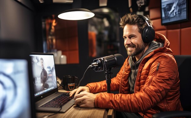 Vlogger hace una transmisión en vivo en el estudio de pie frente a la computadora y el micrófono