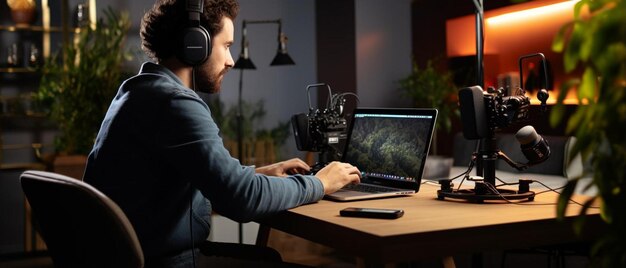 vlogger en línea filmando un episodio de podcast con un hombre en el estudio