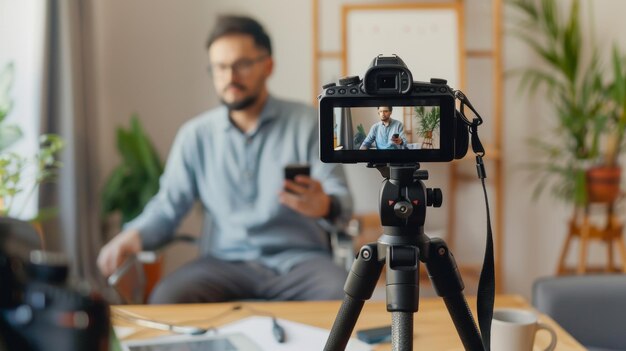 Foto el vlogger masculino se prepara para una nueva cámara de revisión tecnológica en foco