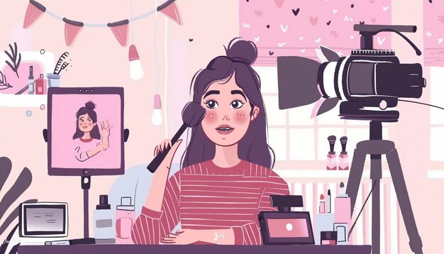 Vlogger mujer grabando un tutorial de maquillaje aplicando cosméticos con pincel