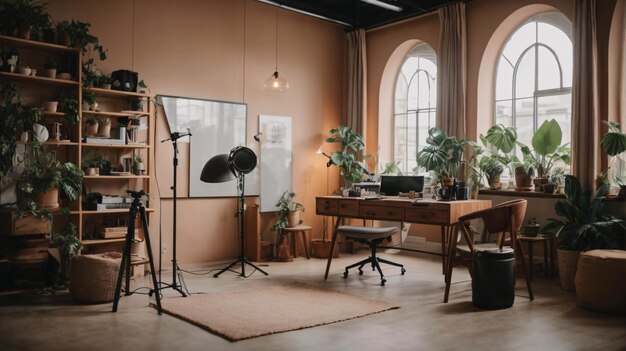 Vlogger Sala de trabalho com lâmpadas de câmera Estúdio de gravação moderno Imagem