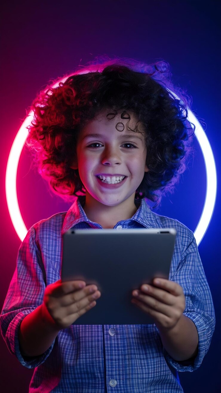 Foto vlogging com tablet jogando retrato de meninos caucasianos em fundo de estúdio escuro em luz de néon