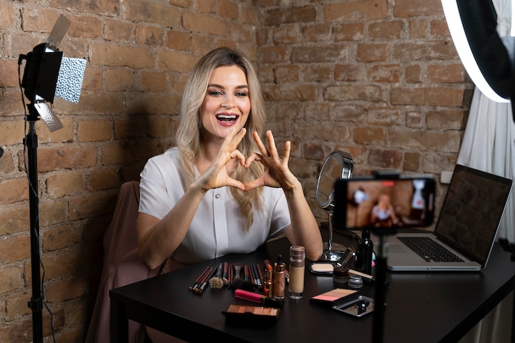 Foto vloguera de belleza haciendo un video para sus seguidores