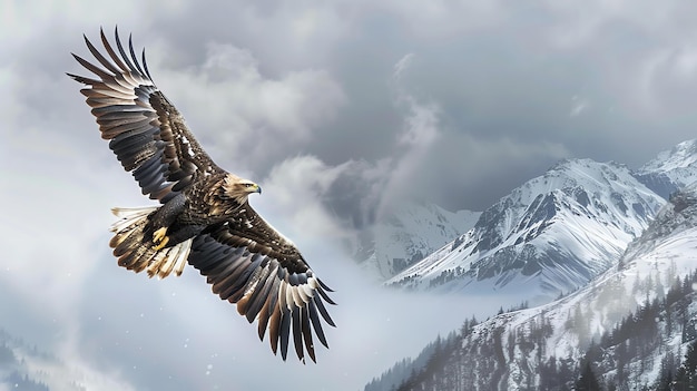 Foto voando alto acima das montanhas cobertas de neve, a majestosa águia é um símbolo de liberdade e poder.