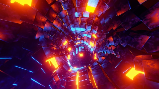 Voando através de um túnel de cubos de metal azul e laranja ilustração de renderização 3D