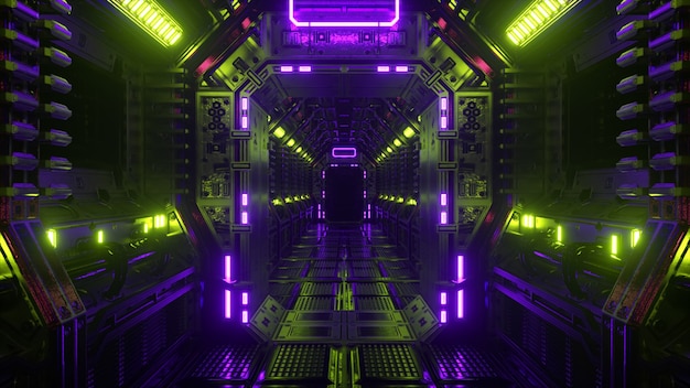 Voando em um túnel de nave espacial, um corredor de ônibus espacial de ficção científica. tecnologia abstrata futurista. tecnologia e conceito futuro. luz piscante. ilustração 3d