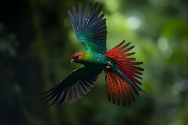 Voando Resplandecente Quetzal Pharomachrus mocinno Savegre na Costa Rica com floresta verde