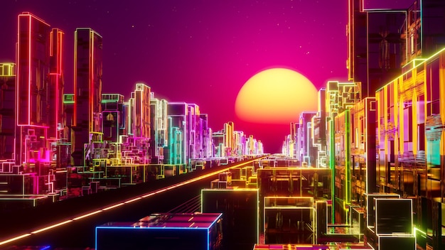 Voando sobre a cidade neon ao pôr do sol ilustração de renderização 3D