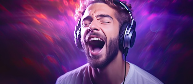 Vocalista masculino usando fones de ouvido ouvindo música cantando com estúdio de gravação de boca aberta Retrato de estilo de vida hipster DJ com fundo roxo neon lig