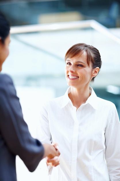 Você conseguiu um acordo Foto recortada de duas pessoas apertando as mãos em um ambiente corporativo