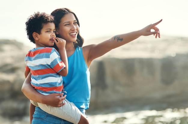 Você vê aquela baleia ali Foto de uma jovem mãe segurando seu filho na praia apontando para a vista