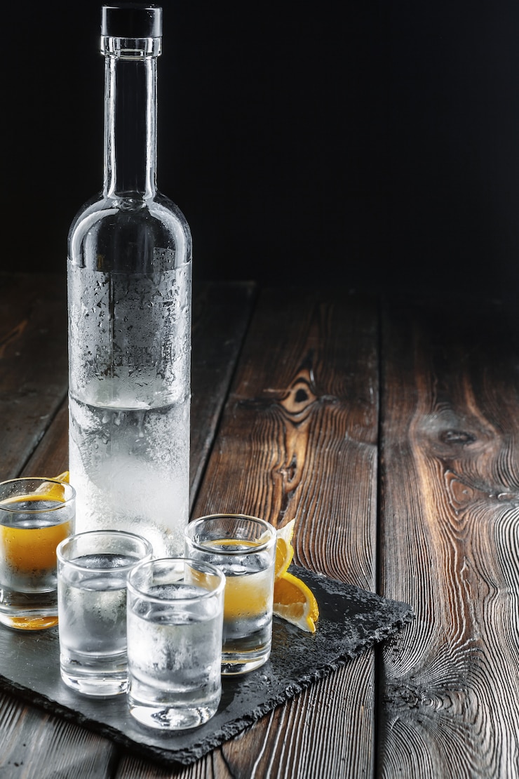 Foto vodka em copos de madeira rústica