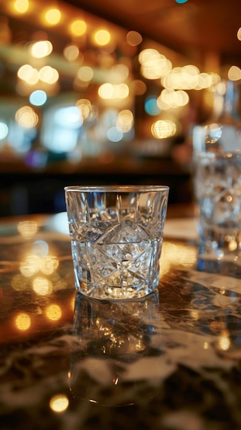 Vodka helada en un pequeño vaso de cristal en un banco de bar luz del atardecer