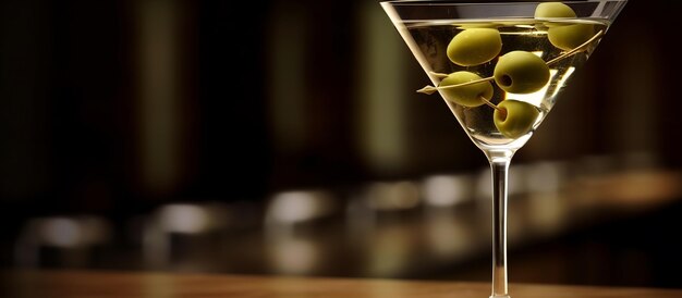 Vodka martini bebida clássica de coquetel alcoólico com vodca e vermouth azeitonas verdes em fundo escuro