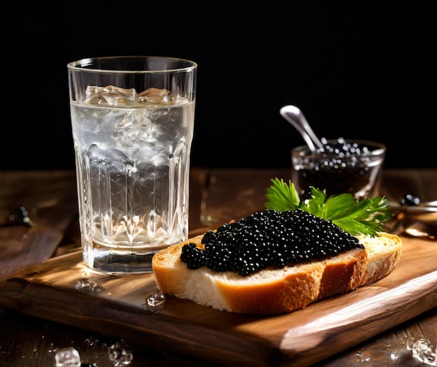 Vodka en un vaso y un sándwich con caviar en una mesa de madera