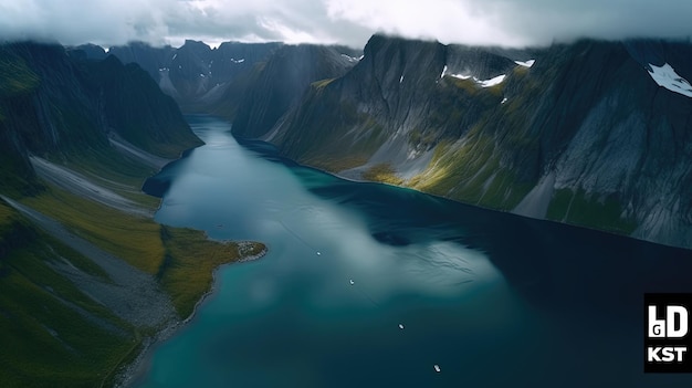Voe bem acima dos fiordes noruegueses de tirar o fôlego e testemunhe a obra-prima da natureza de uma perspectiva aérea impressionante como majestosas montanhas geradas por IA