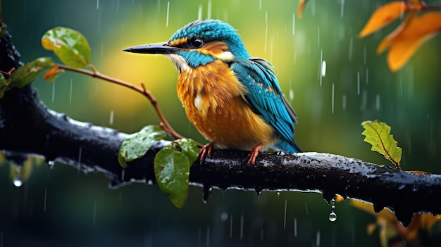 Vögel auf Zweigen im Regen mit verschwommenem Hintergrund