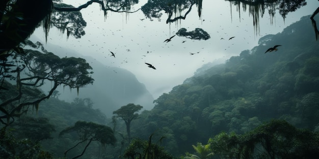 Vögel fliegen über den üppig grünen Wald