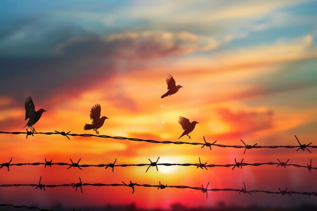 Foto vögel fliegen über stacheldraht in einer lebendigen morgendämmerung, was hoffnung und freiheit darstellt