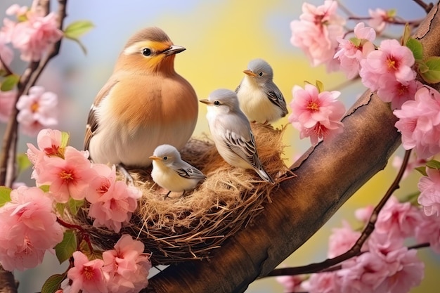 Vögel im Nest auf einem blühenden Sakura-Zweig