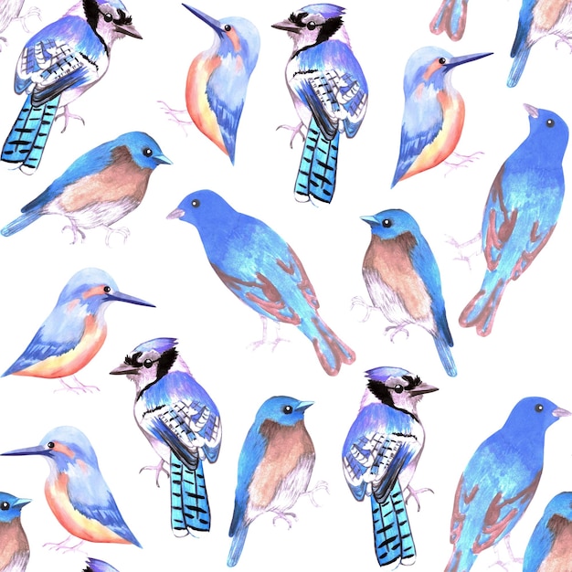 Vögel in Farbtönen und Schattierungen von blauem nahtlosem Aquarell Vogelmalerei Hintergrund