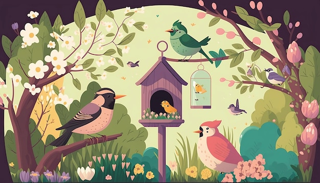Vögel und Blüten Illustration der generativen KI der Frühlingsnatur