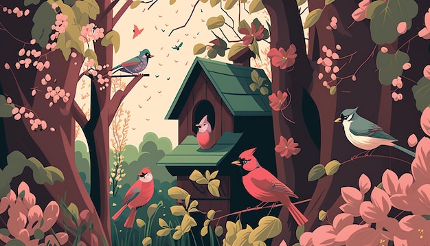 Vögel und Blüten Illustration der generativen KI der Frühlingsnatur