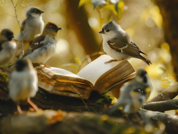 Vögel versammelt sich um ein offenes Buch In einer ruhigen Waldszene eine Gruppe kleiner neugieriger Vögel p