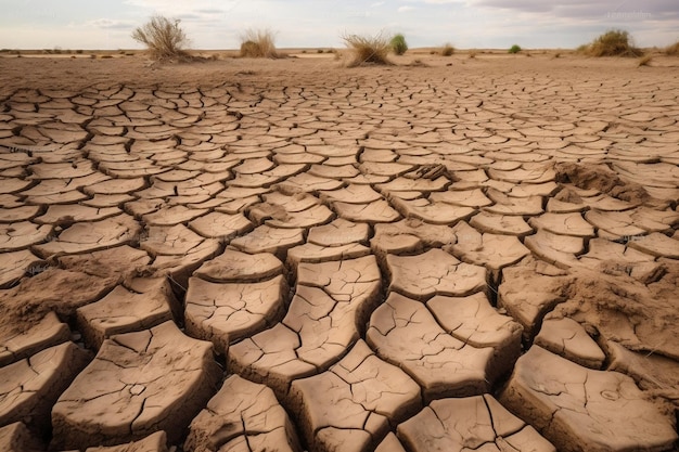 Völlig trockener und rissiger Boden in trockener Wüstenlandschaft, generative KI
