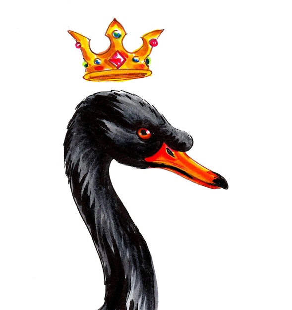 Vogel des schwarzen Schwans und goldene Krone. Tusche- und Aquarellzeichnung