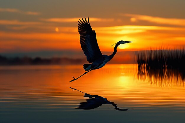 Vogel fliegt bei Sonnenuntergang über ein Gewässer