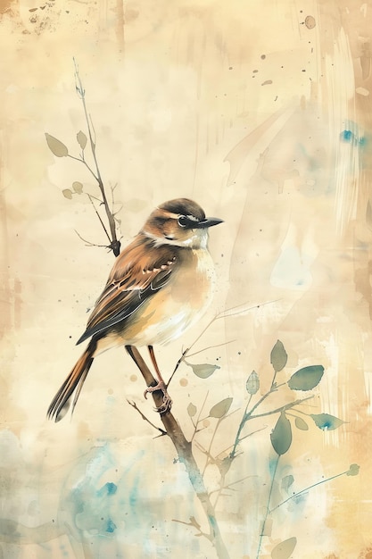 Vogel sitzt auf einem Zweig in einer Aquarellmalerei