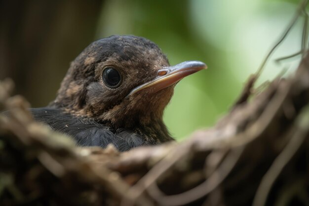 Vogelbaby, das neugierig und neugierig aus dem Nest herauslugt, erstellt mit generativer KI