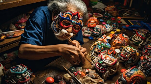 Vogelblick auf einen alten asiatischen Mann, der gebeugt sitzt und eine Maske zeichnet, umgeben von mehreren farbenfrohen chinesischen Masken.
