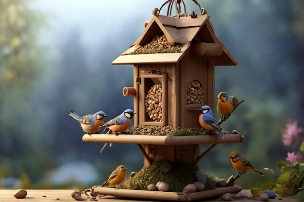 Foto vogelfütterhaus auf einem stock für vögel spaß in der wohnung einfaches design für die fütterung von vögeln am flussufer shel