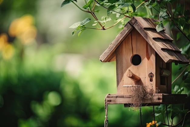 Vogelhaus mit Vogelhäuschen und natürlichem Grünhintergrund, erstellt mit generativer KI