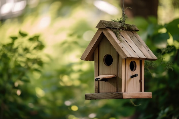 Vogelhaus mit Vogelhäuschen und natürlichem Grünhintergrund, erstellt mit generativer KI