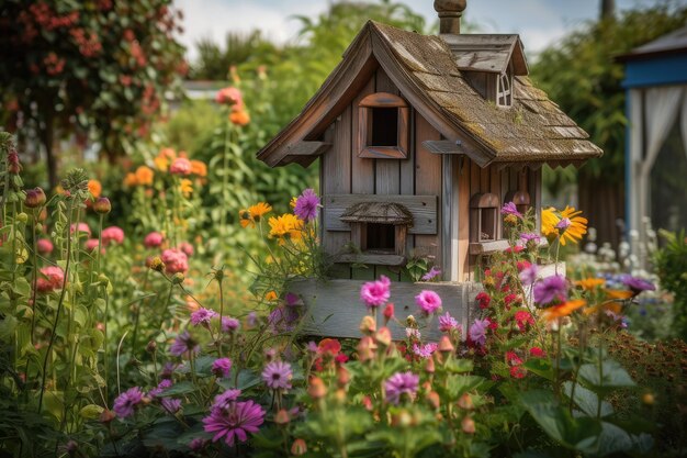 Vogelhaus, umgeben von einem Garten voller farbenfroher Blüten und Grünflächen, der mit generativer KI geschaffen wurde