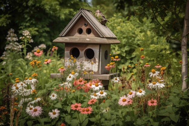 Vogelhaus, umgeben von üppigem Grün mit blühenden Blumen in der Nähe