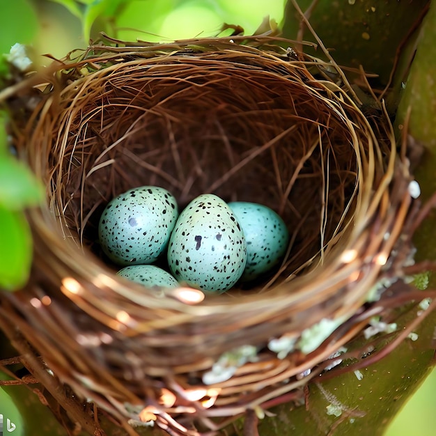 Vogelnest mit gefleckten Rotkehlchen-Eiern im Baum erzeugt KI