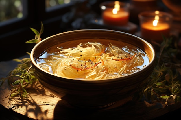 Vogelnestsuppe Entdecken Sie die Köstlichkeit des Vogelnestes, zubereitet in einer nahrhaften und exquisiten Suppe, die mit KI erstellt wurde