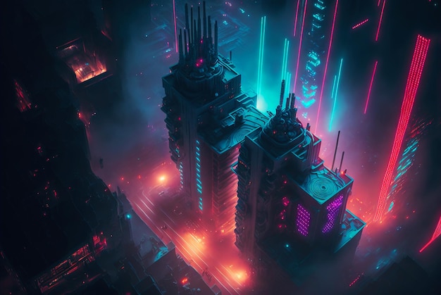 Vogelperspektive auf Cyberpunk-Neonstadt bei Nacht Nebel und leuchtende Lichter Generative KI