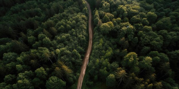 Vogelperspektive auf die Straße mitten im WaldLuftaufnahme Panoramaaufnahme Generative KI