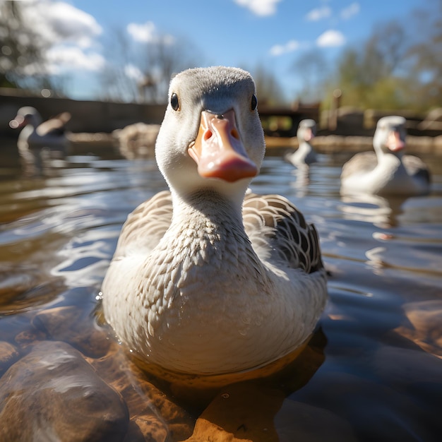 Vogelperspektive Nahaufnahme einer Gans im Teich eines Zoos