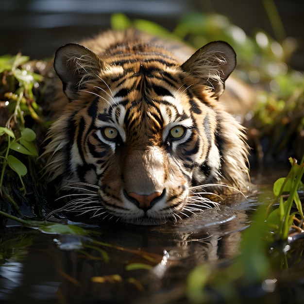 Vogelperspektive, Nahaufnahme eines Tigers im Teich eines Zoos