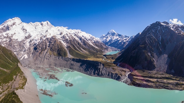 Vogelperspektive von Landschaft Mt Cook im Hooker-Tal, Nationalpark Aoraki Mt Cook, Neuseeland.